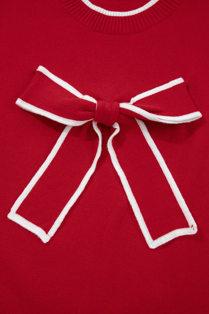 Fiery Red Contrast Trim Big Bow Accent Holiday Cropped Sweater