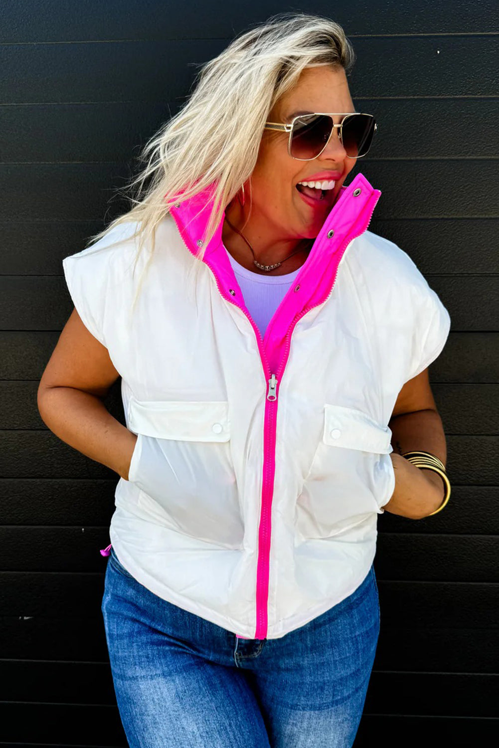 White Color Block Liner Patchwork Snap Button Zip Up Winter Vest