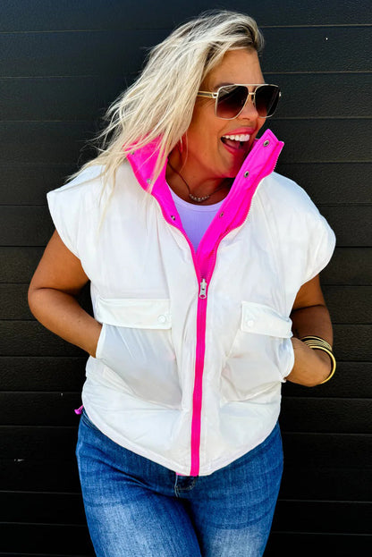 White Color Block Liner Patchwork Snap Button Zip Up Winter Vest
