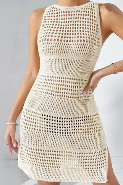 Bohemian Beige Crochet Knit Backless Beach Dress