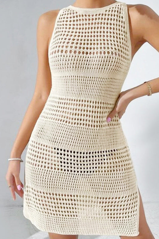 Bohemian Beige Crochet Knit Backless Beach Dress