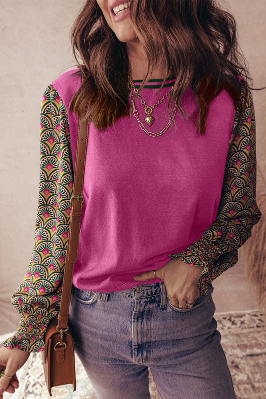 Rose Red Floral Patchwork Shirred Cuff Puff Sleeve Sweater