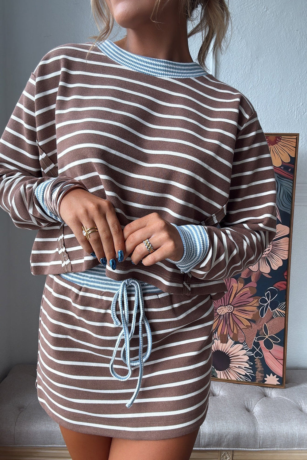 Brown Stripe Contrast Webbing Patchwork Cropped Long Sleeve Top Drawstring Mini Skirt Set