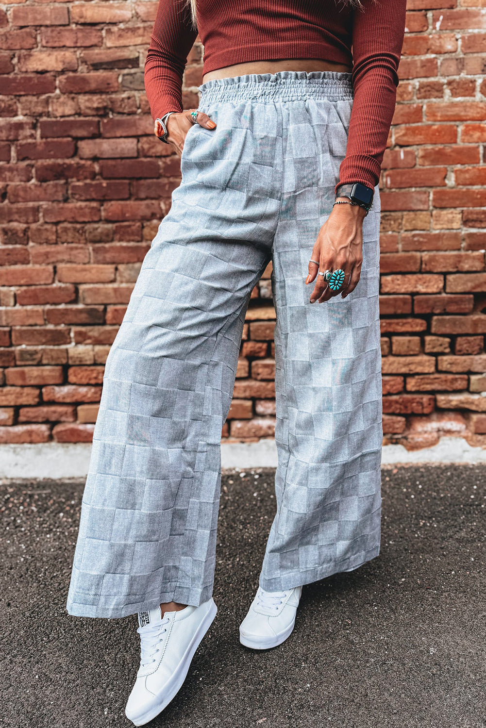 Sky Blue Frilled Elastic Waist Checkered Loose Denim Pants