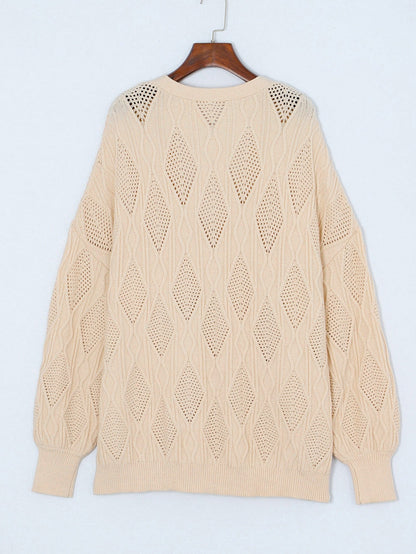 Elegant Apricot V-Neck Oversized Knit Cardigan with Button Detail