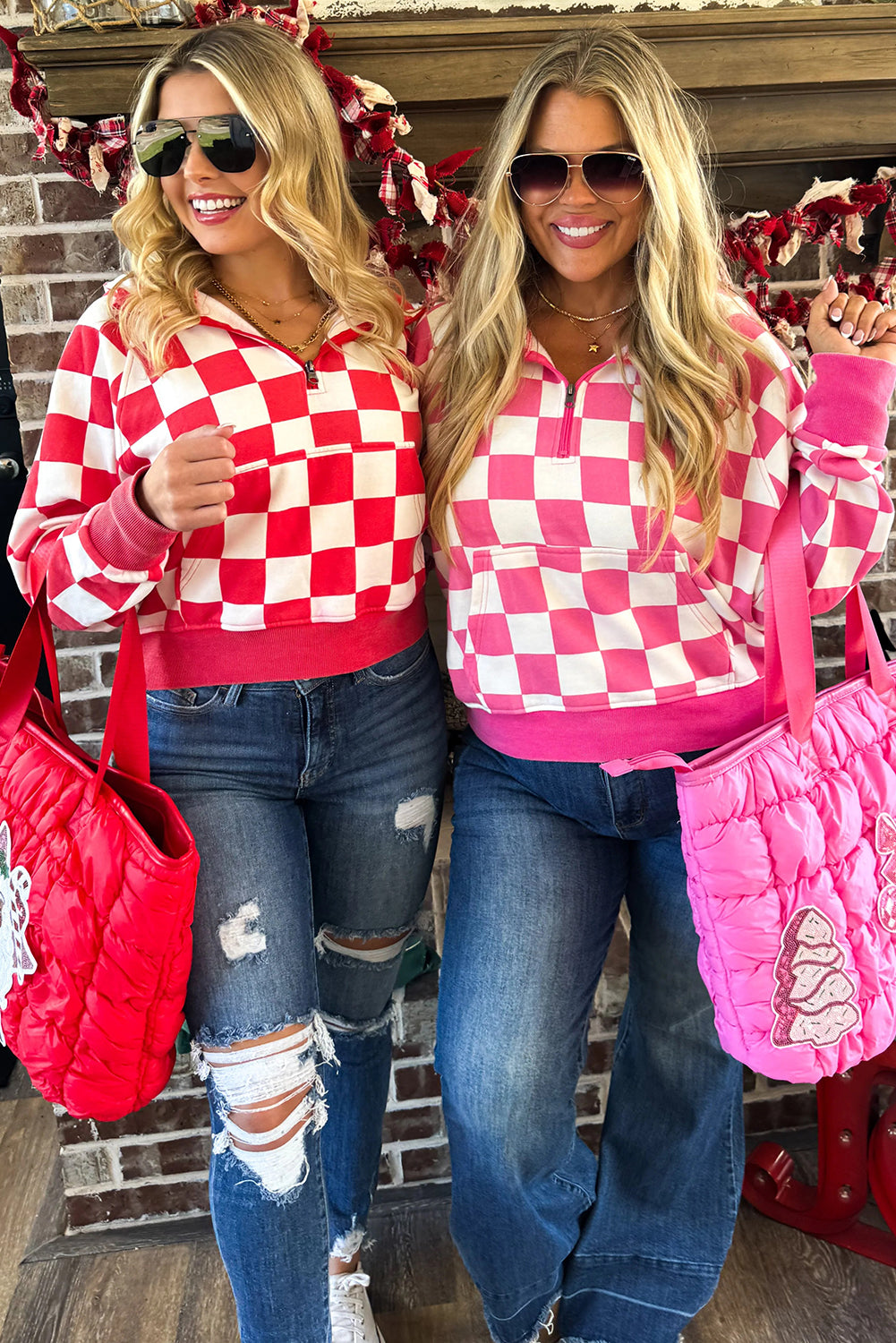 Rose Checkered Print Half Zip Hoodie