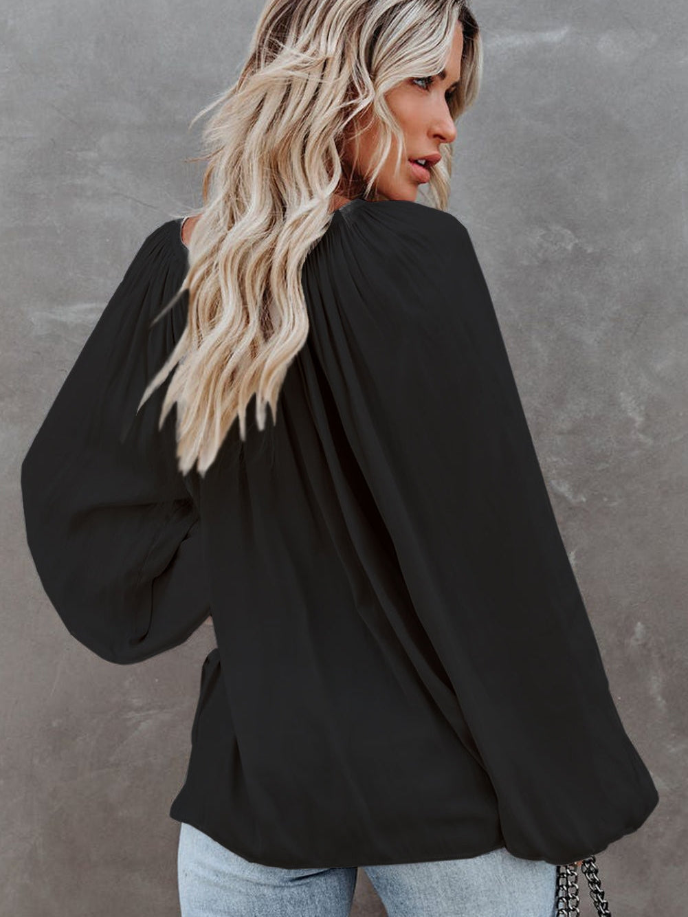 Elegant Black Satin V Neck Pleated Puff Sleeve Blouse