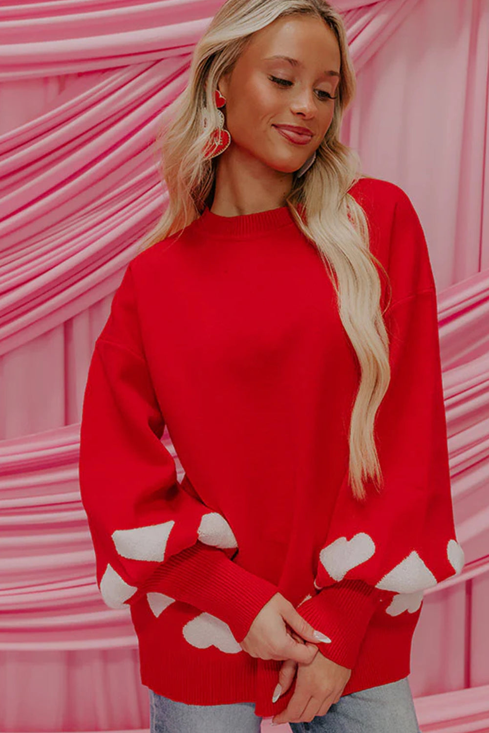 Fiery Red Contrast Heart Pattern Lantern Sleeve Tunic Sweater