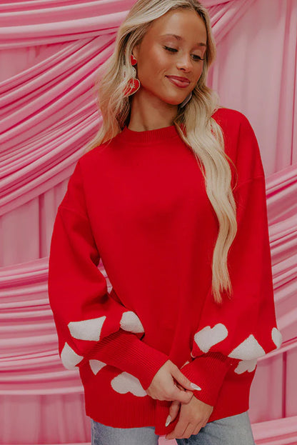 Fiery Red Contrast Heart Pattern Lantern Sleeve Tunic Sweater