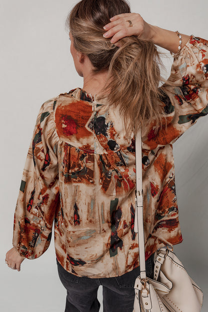 Multicolour Retro Abstract Print Zip Back Long Puff Sleeve Blouse