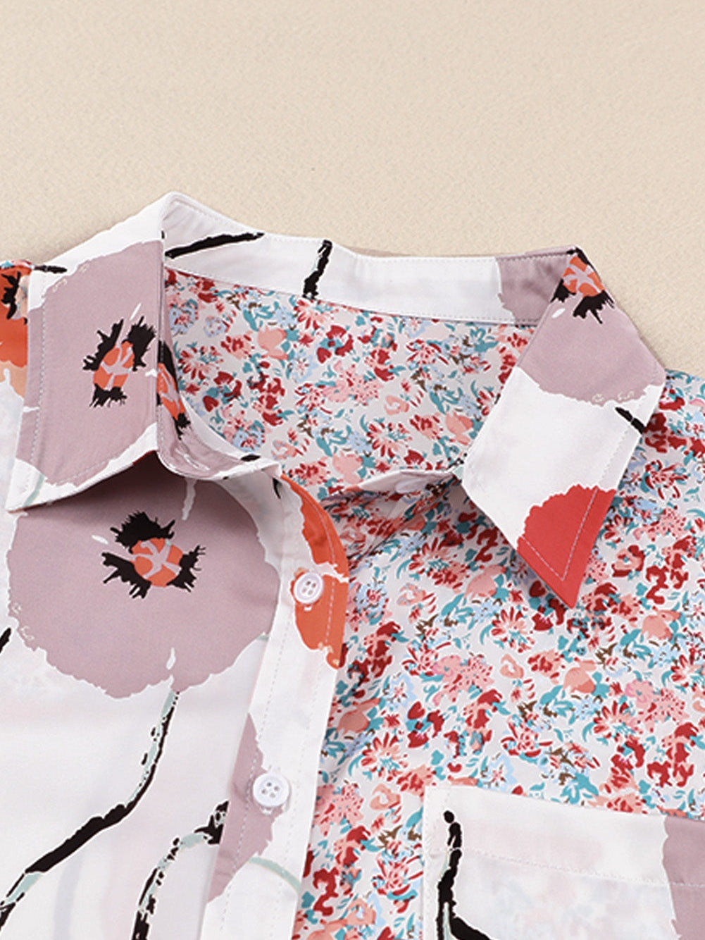 Fiery Red Floral Patchwork Button-Up Blouse with Front Pocket