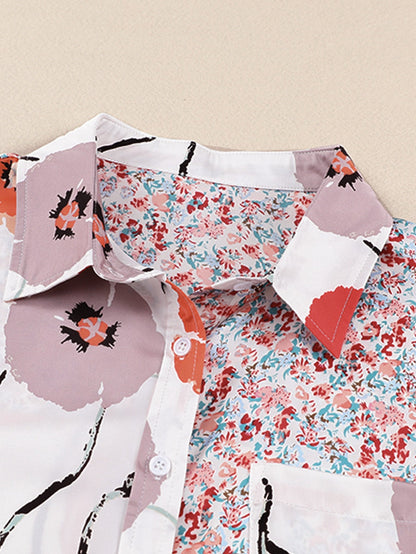 Fiery Red Floral Patchwork Button-Up Blouse with Front Pocket