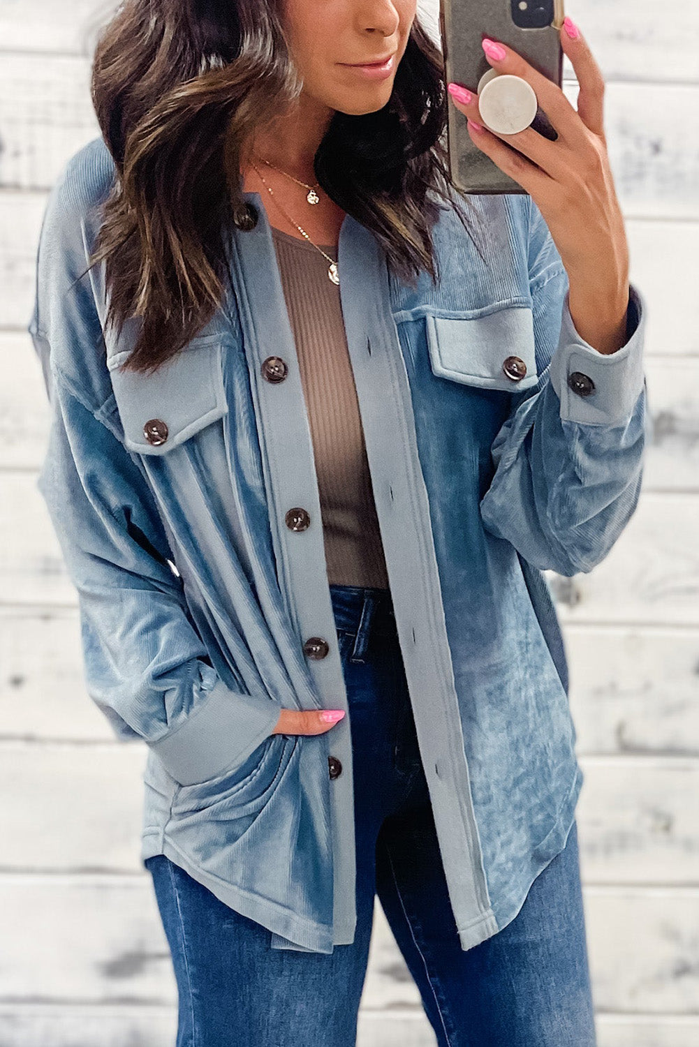 Dusk Blue Velvet Flap Pockets Drop Shoulder Casual Shacket