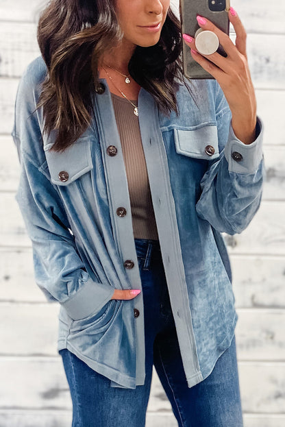 Dusk Blue Velvet Flap Pockets Drop Shoulder Casual Shacket
