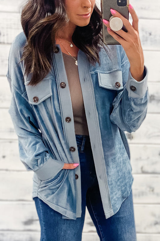 Dusk Blue Velvet Flap Pockets Drop Shoulder Casual Shacket