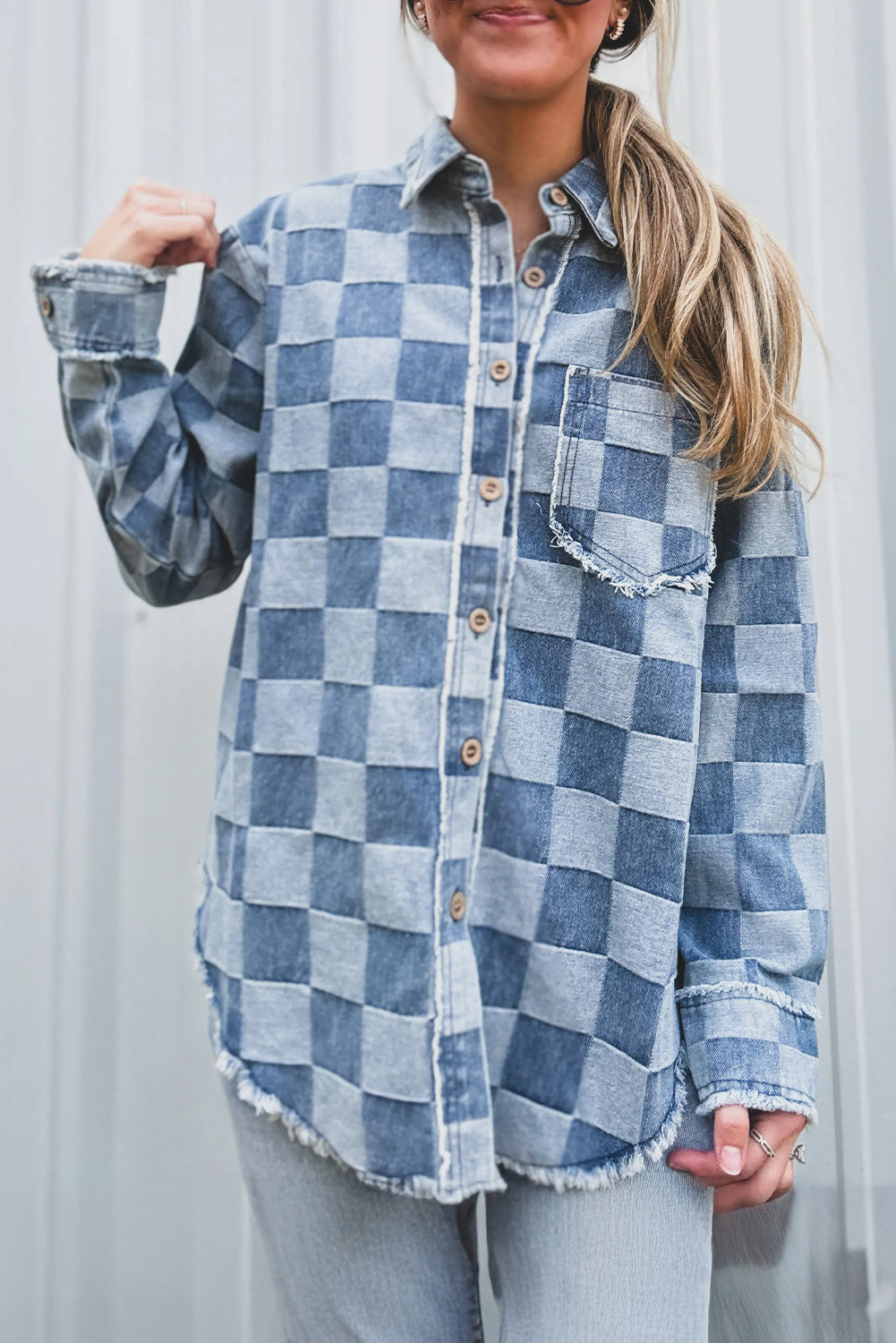 Sky Blue Checkered Denim Raw Edge Loose Shacket