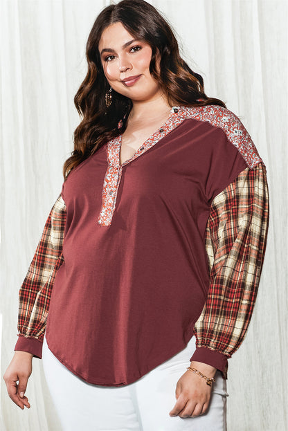 Crimson Dahlia Geometric Patchwork V-Neck Shift Top