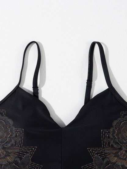 Elegant Black Floral Crisscross Back One-Piece Swimsuit