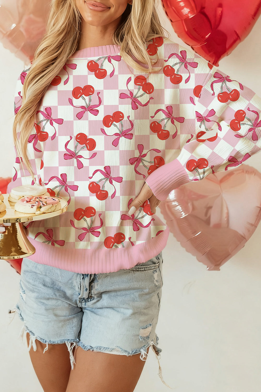 Pink Checkered Cherry Bow Print Ribbed Trim Drop Shoulder Sweater