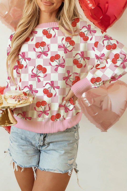 Pink Checkered Cherry Bow Print Ribbed Trim Drop Shoulder Sweater