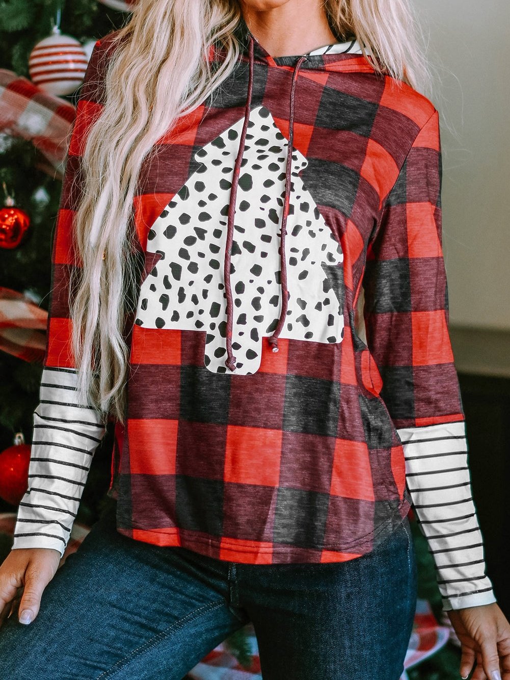 Festive Red Plaid Leopard Christmas Tree Hoodie with Fiery Accents