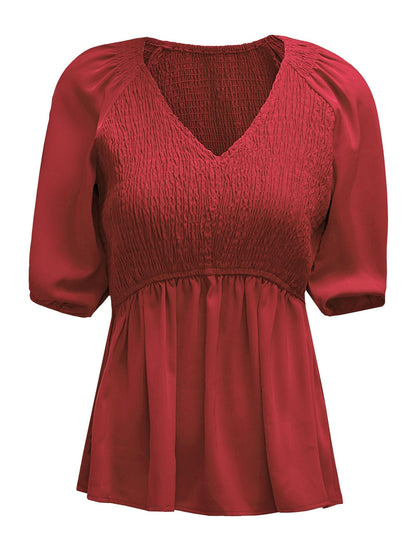 Fiery Crimson Smocked Peplum Blouse