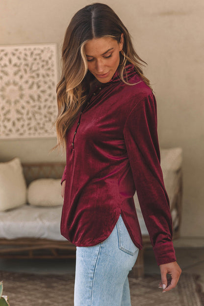 Frilled Burgundy Velvet Top with Buttoned Neck