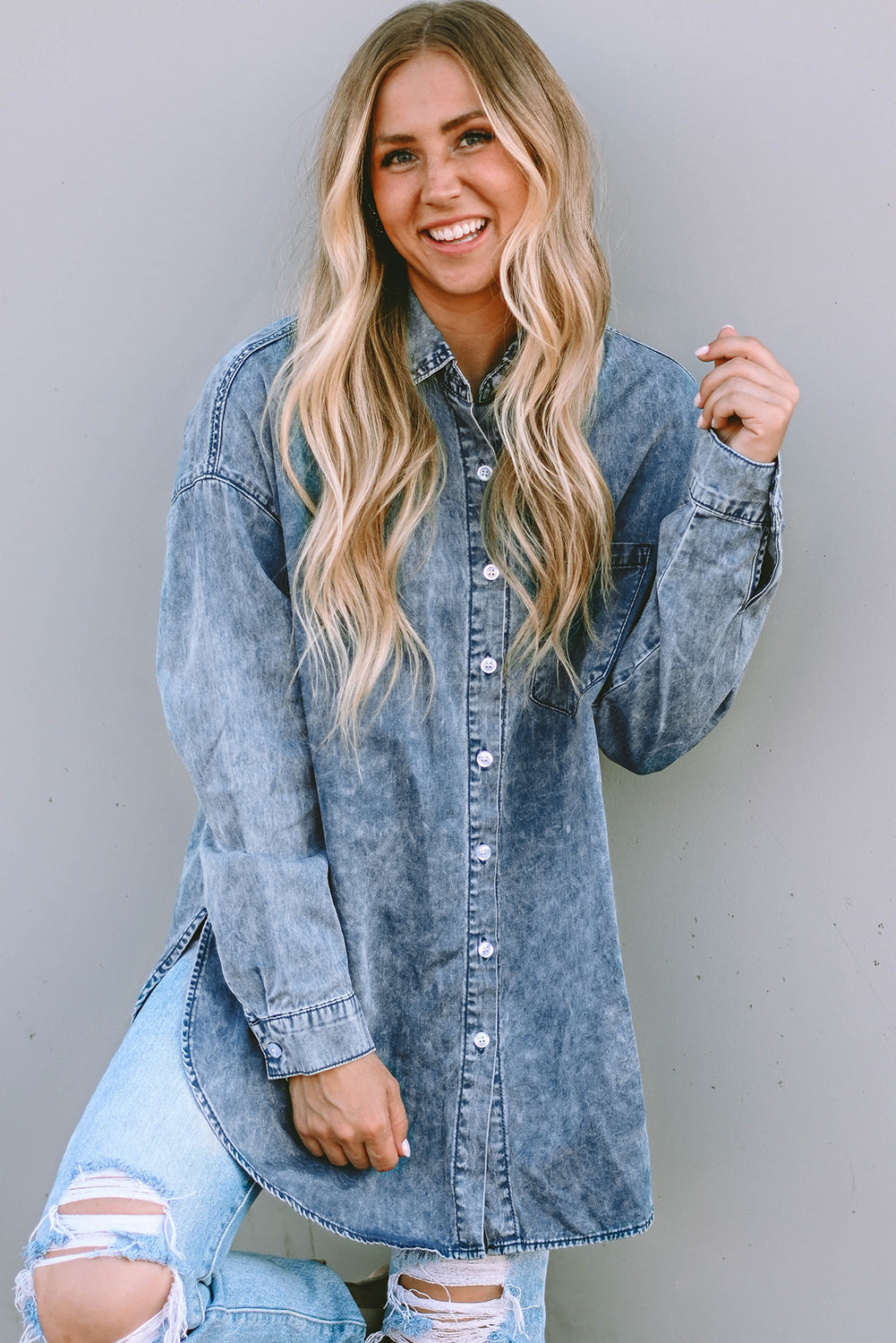 Pocket Short Sleeve Denim Slit Shirt Dress