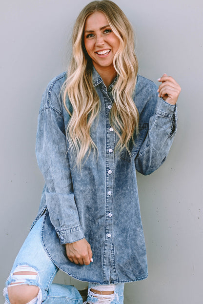 Pocket Short Sleeve Denim Slit Shirt Dress
