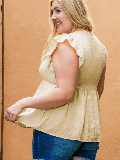 Golden Fleece Plus Size Swiss Dot Lace Trim Split Neck Babydoll Top