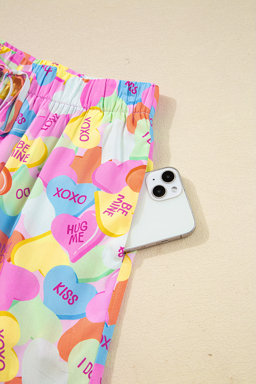 Pink Valentines Candy Heart V Neck Collared Tunic Shirt and Shorts 2pcs Pajama Set