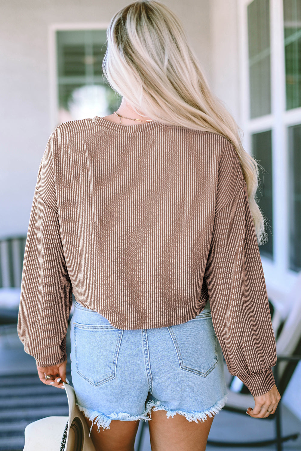 Khaki Corded Drop Shoulder Puff Sleeve Casual Top