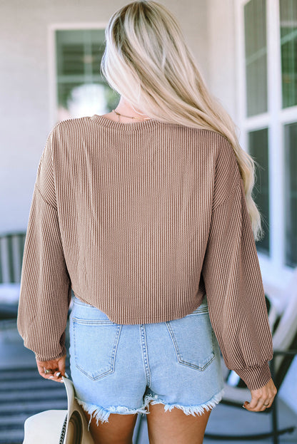 Khaki Corded Drop Shoulder Puff Sleeve Casual Top