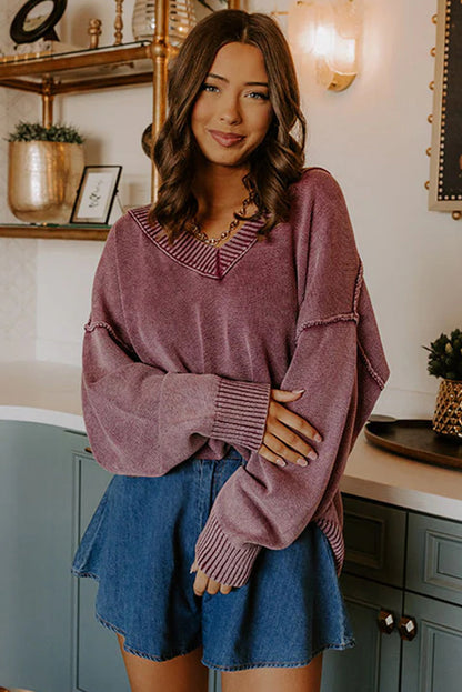 Burgundy Mineral Wash V Neck Knit Exposed Seam Drop Shoulder Loose Sweater