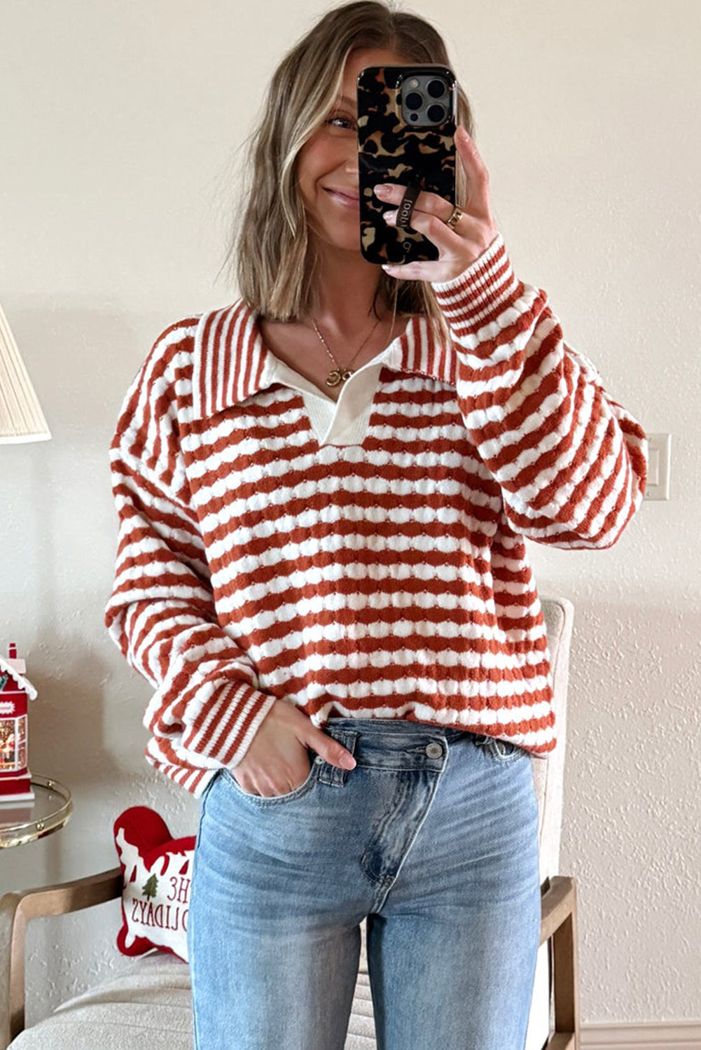 Cinnamon Striped Collared Cozy Sweater