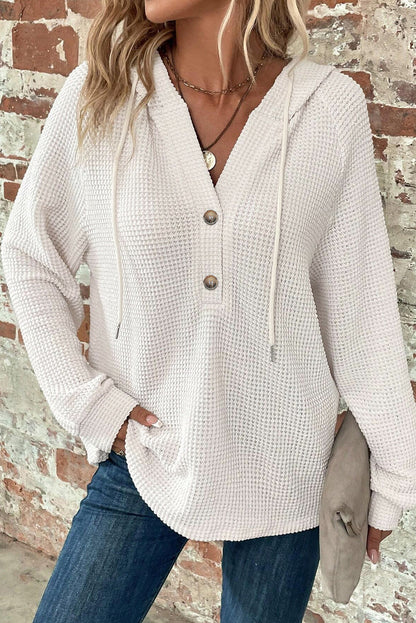 White Thermal Waffle Knit Button V Neck Loose Drawstring Hoodie