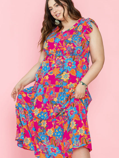 Crimson Blossom Tiered Sleeveless Plus Size Maxi Dress