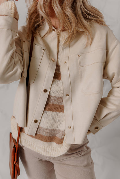 White Double Patch Pocket Snap Button Faux Suede Jacket