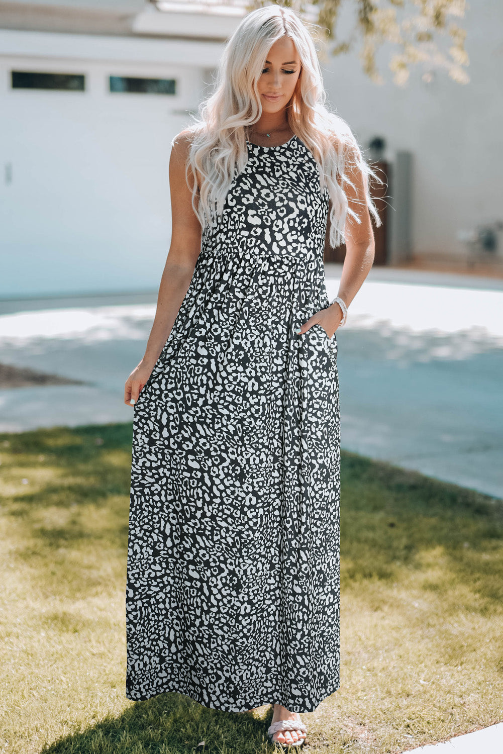 Printed Sleeveless Tie Waist Maxi Dress