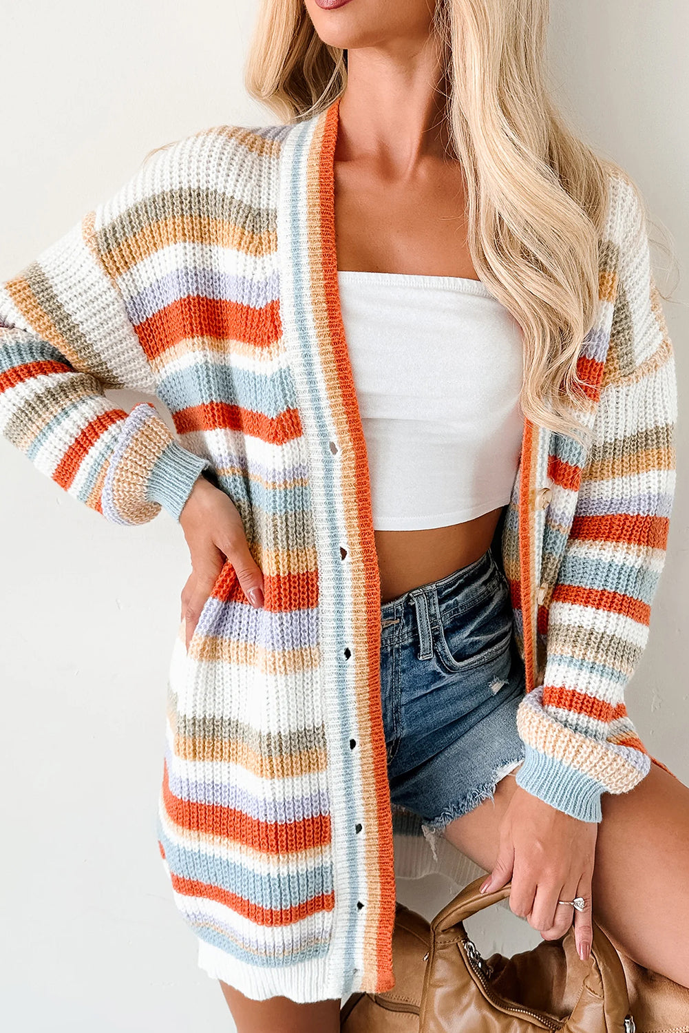 Orange Striped Knit Button V Neck Tunic Sweater Cardigan