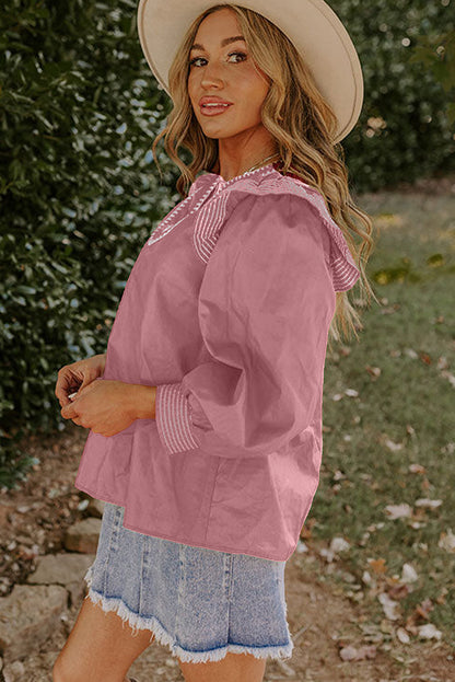 Pink Contrast Stitched Detail V Neck Ruffle Long Sleeve Blouse