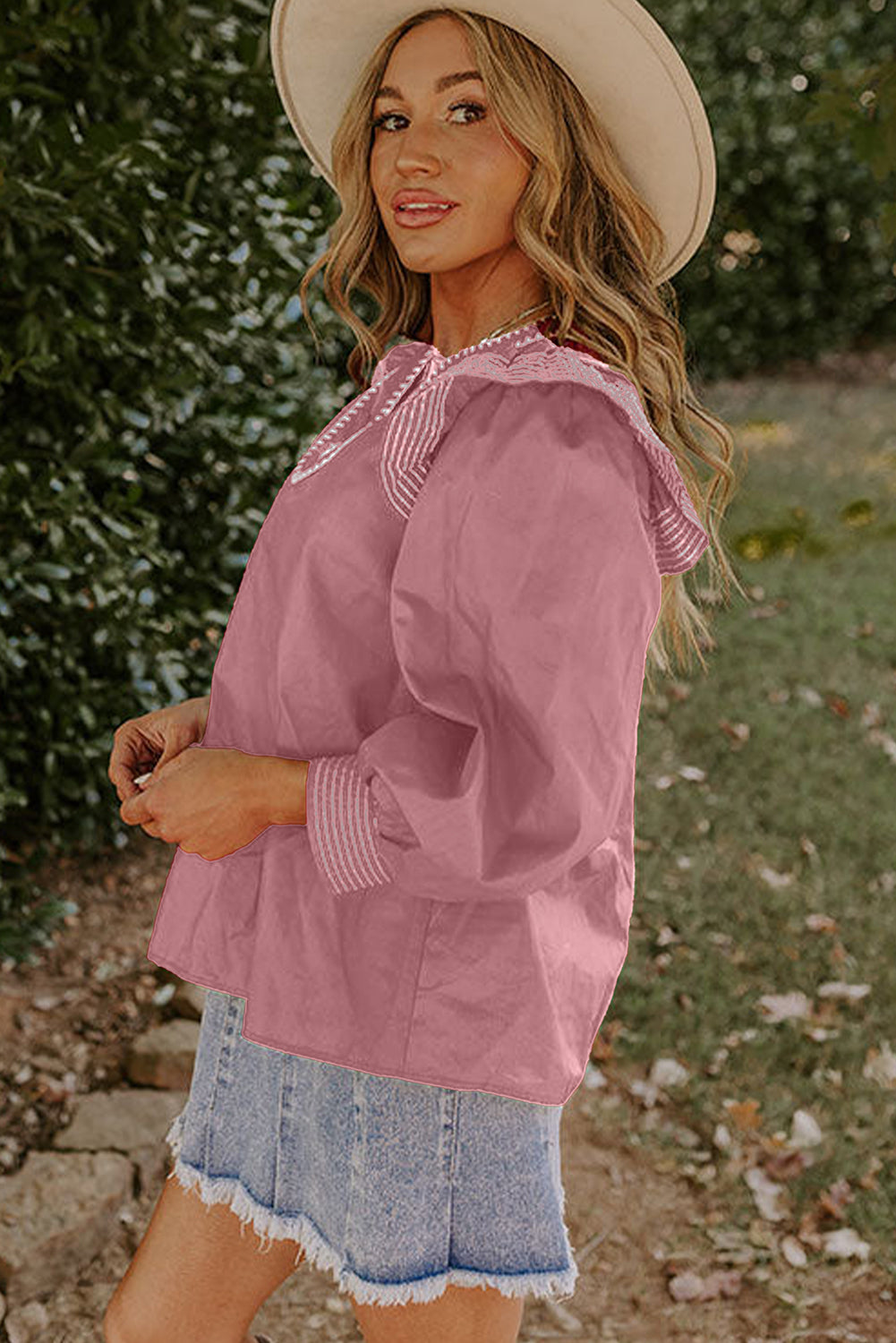 Pink Contrast Stitched Detail V Neck Ruffle Long Sleeve Blouse