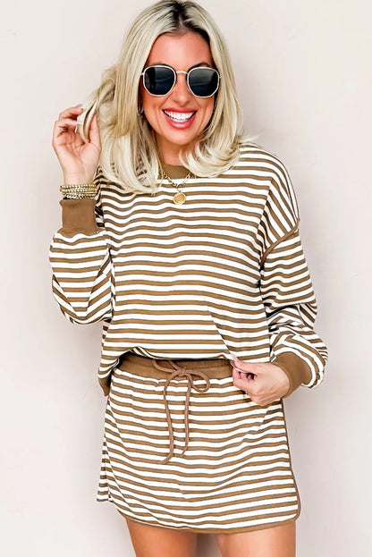 Brown Stripe Textured Drop Shoulder Pullover Top Drawstring Mini Skirt Two Piece Dress Set