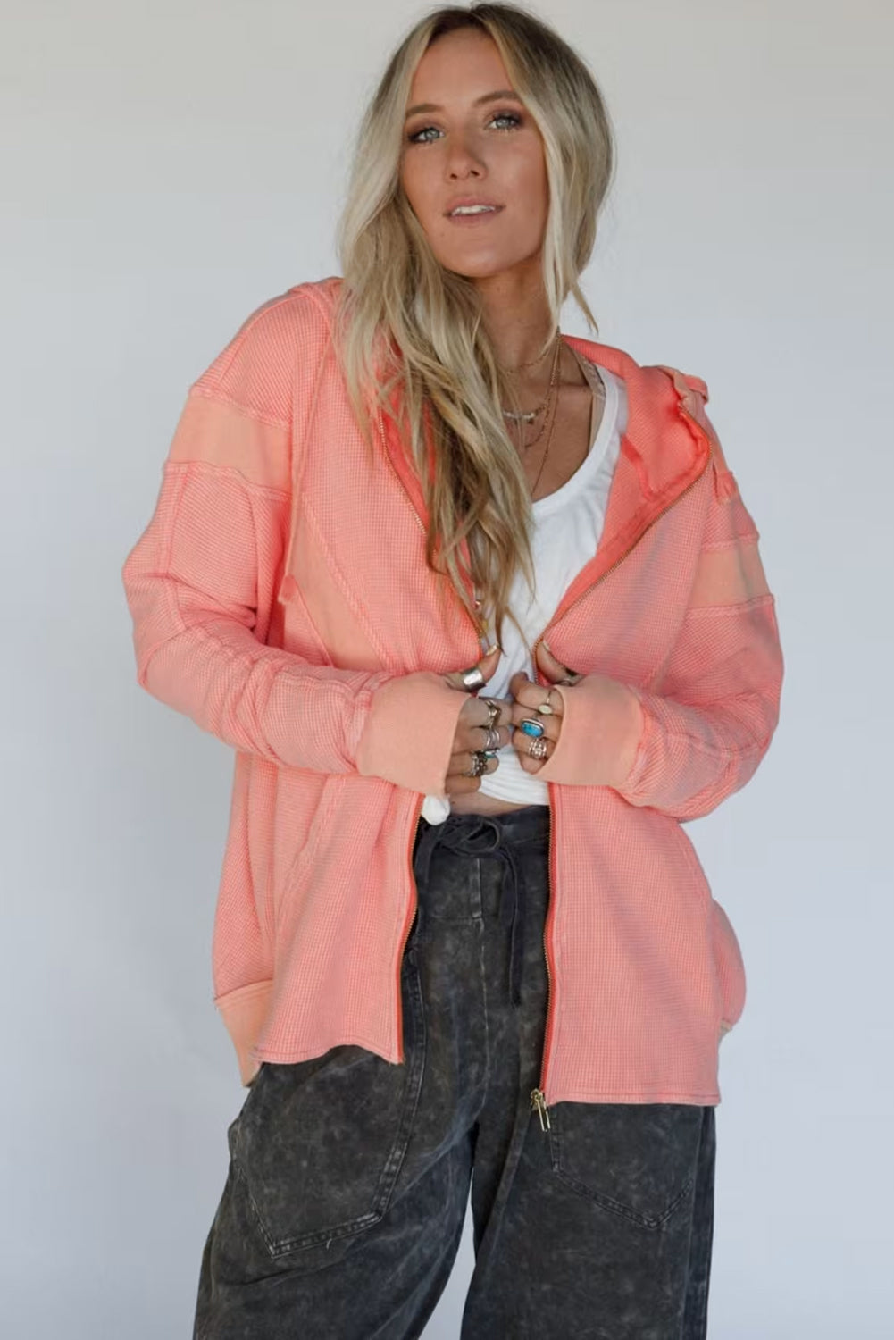 Gossamer Pink Ribbed Thumbhole Sleeve Waffle Mixed Texture Patchwork Zip Up Hoodie