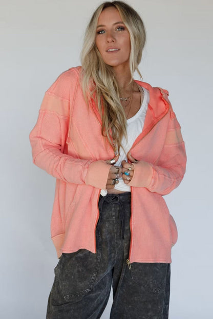 Gossamer Pink Ribbed Thumbhole Sleeve Waffle Mixed Texture Patchwork Zip Up Hoodie