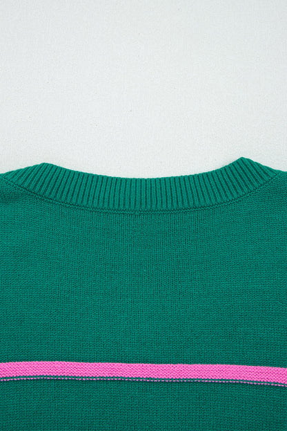 Green Stripe Half Buttons Drop Shoulder Plus Size Sweater