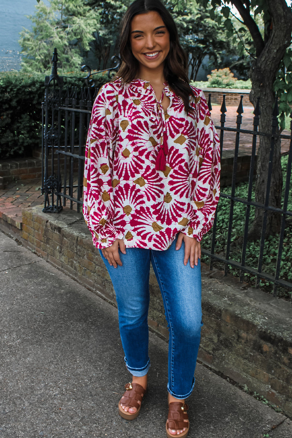 Red Abstract Floral Print Tassel Tie Neck Long Sleeve Blouse