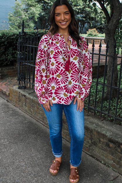 Red Abstract Floral Print Tassel Tie Neck Long Sleeve Blouse