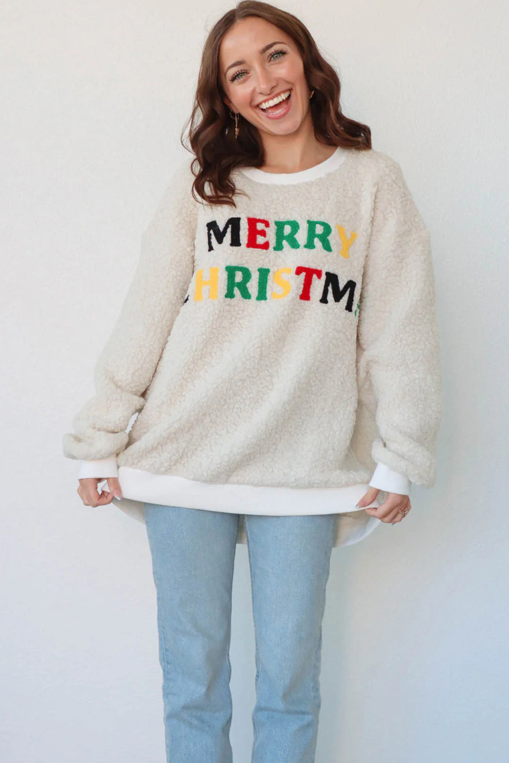 White MERRY CHRISTMAS Multicolor Embroidered Sherpa Pullover Sweatshirt