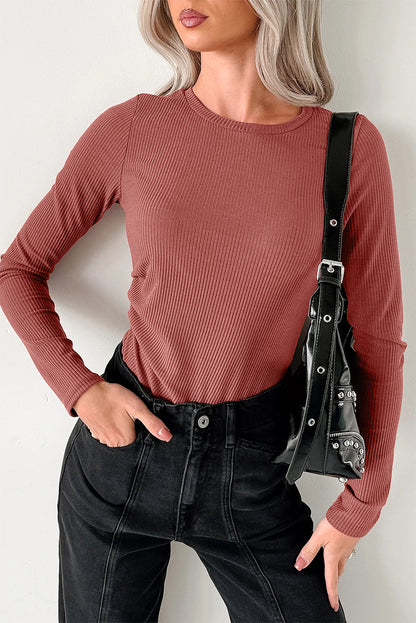 Mineral Red Ribbed Long Sleeve Crew Neck Solid Color Bodysuit